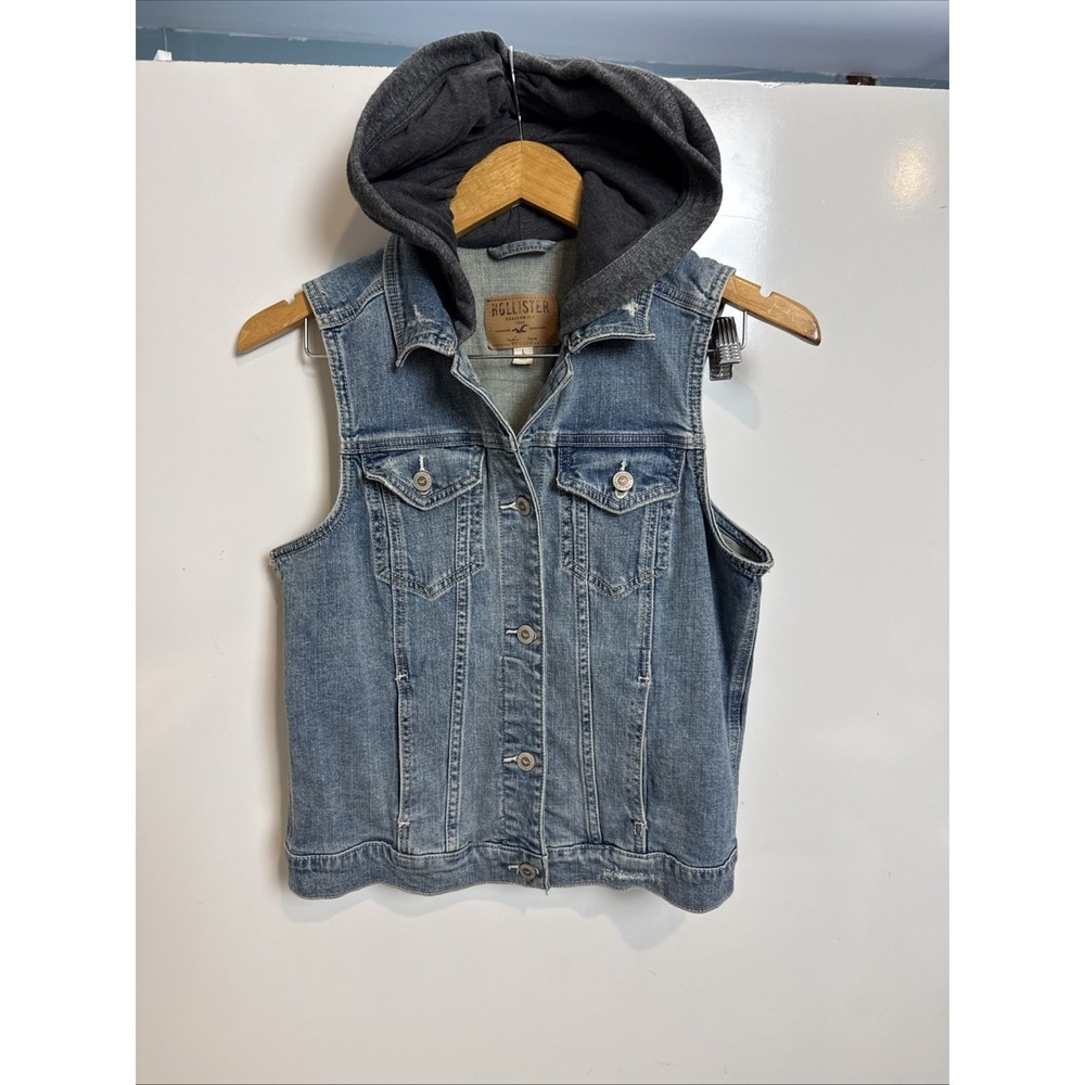 Y2K Hollister size Large Retro 90s Denim Jean Hooded Vest Button Stretch Blue